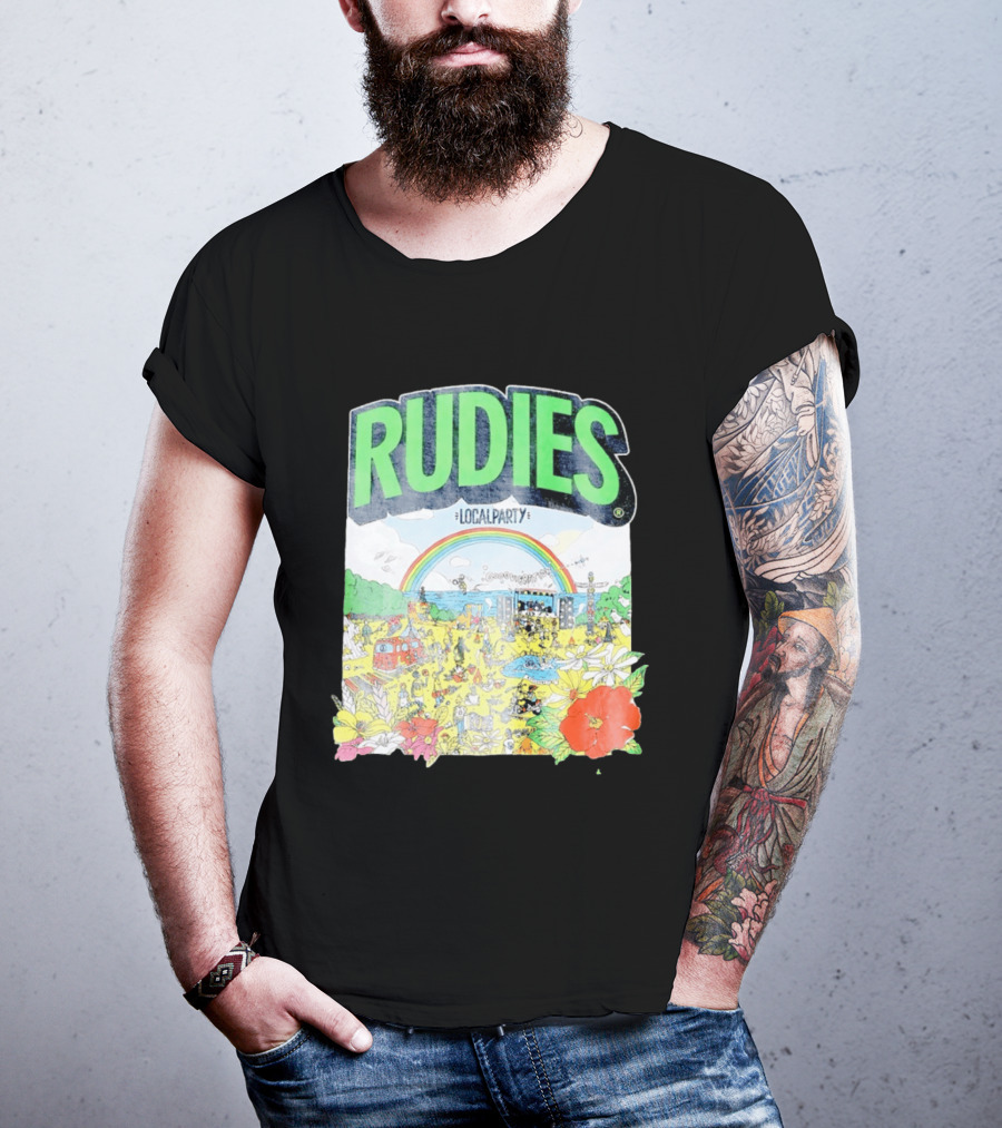 Rudie's 35th Anniversary Local Party Featuring 10 Feet G Freak Factory Dustboz Colorful Celebration With Rainbow And Flowers T-Shirt