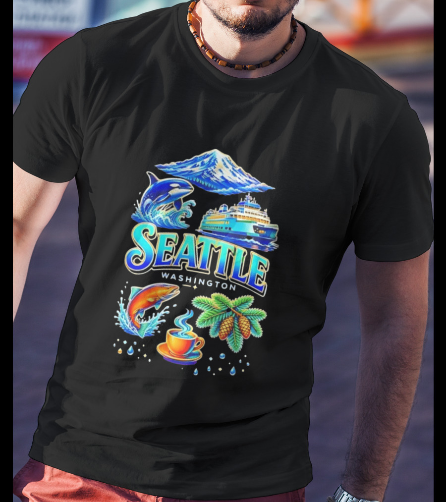 Seattle Washington Orca Whale Ferry Salmon Coffee Pine Cones Mount Rainier T-Shirt