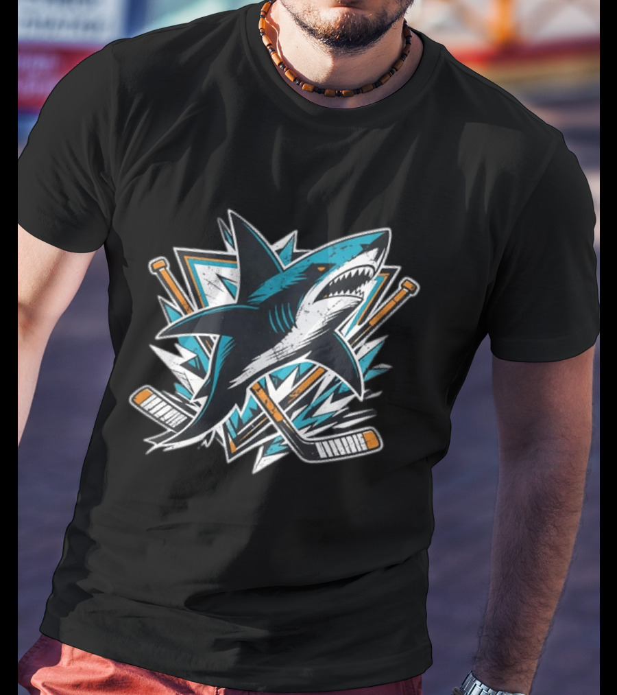 San Jose Sharks Hockey Attack Emblem With Shark And Crossed Hockey Sticks T-Shirt