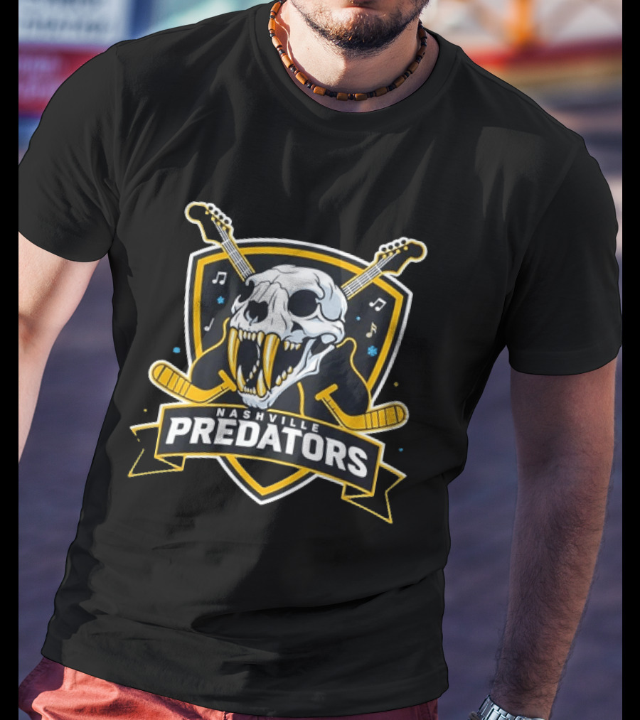 Nashville Predators Hockey Skull With Guitars And Music Notes T-Shirt