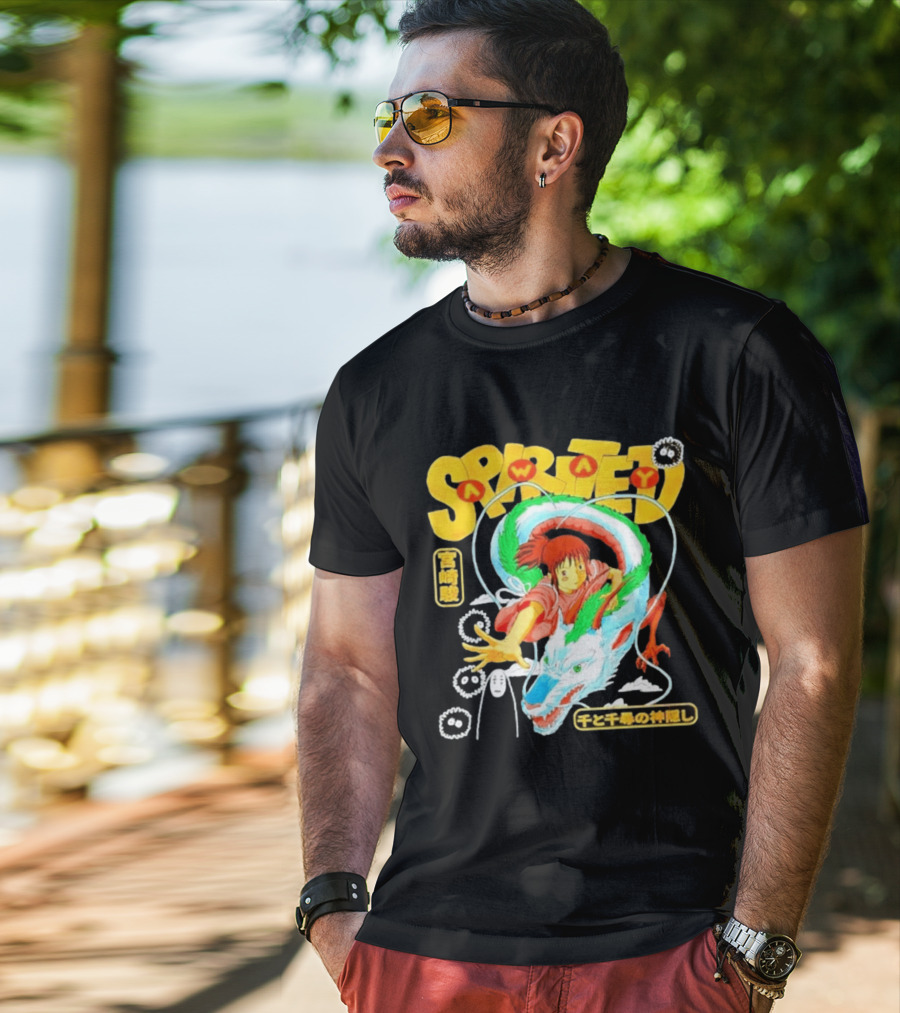 Spirited Away Chihiro Riding Haku Dragon Japanese Text No Face Soot Sprites T-Shirt