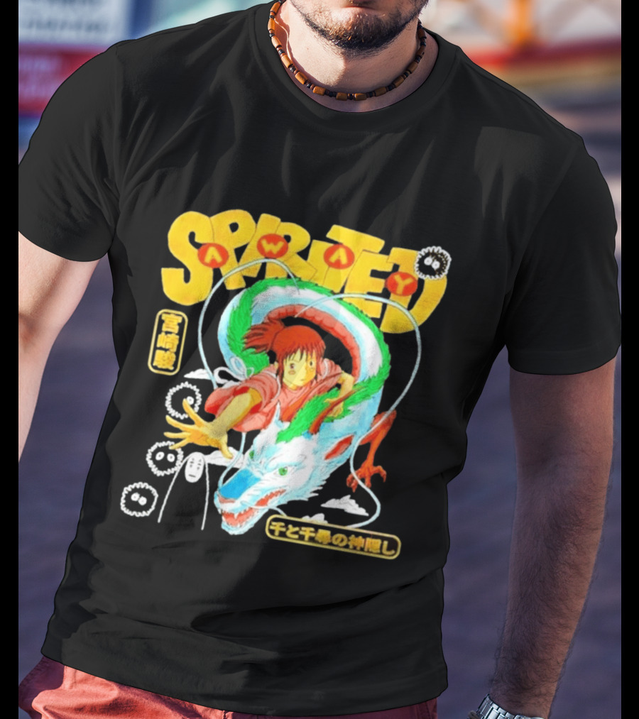 Spirited Away Chihiro Riding Haku Dragon Japanese Text No Face Soot Sprites T-Shirt