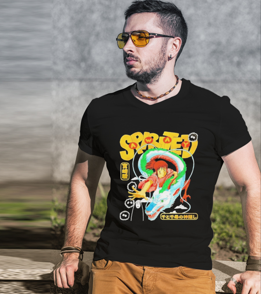 Spirited Away Chihiro Riding Haku Dragon Japanese Text No Face Soot Sprites T-Shirt