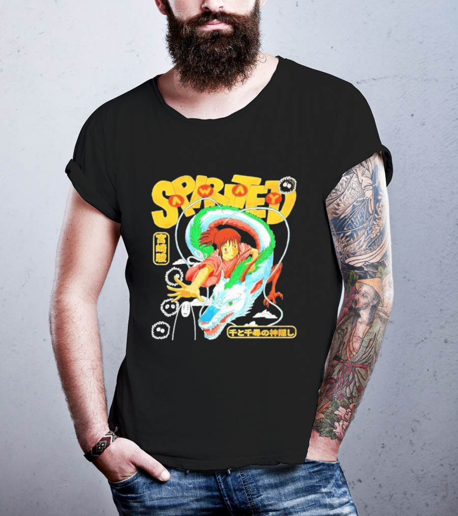 Spirited Away Chihiro Riding Haku Dragon Japanese Text No Face Soot Sprites T-Shirt