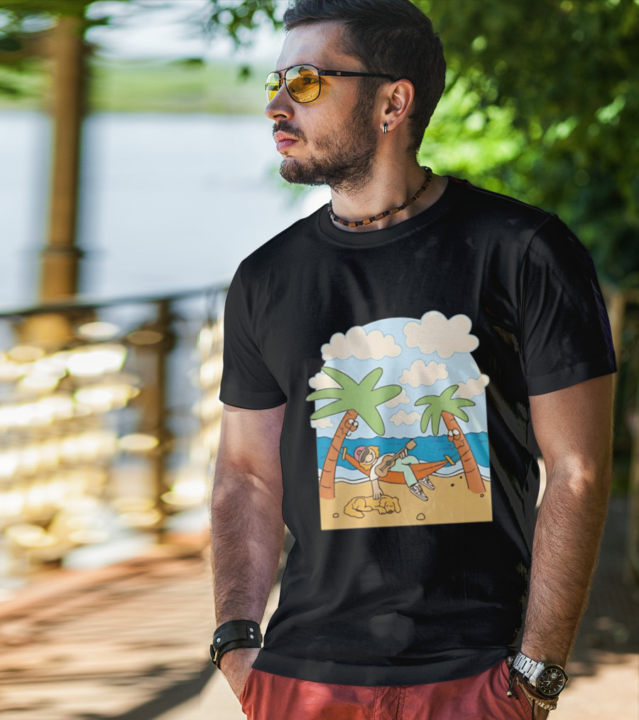 Hammock Guitar Player With Sleeping Dog On Tropical Beach Scene T-Shirt