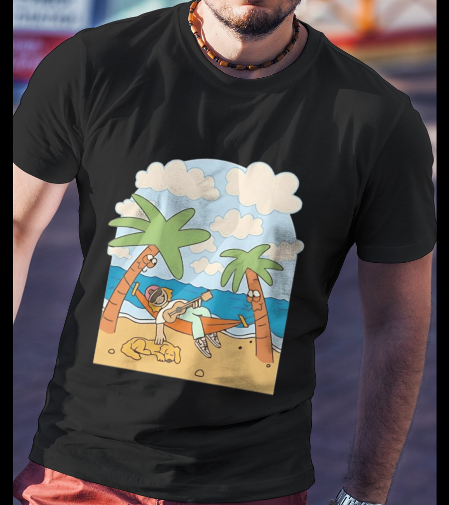 Hammock Guitar Player With Sleeping Dog On Tropical Beach Scene T-Shirt