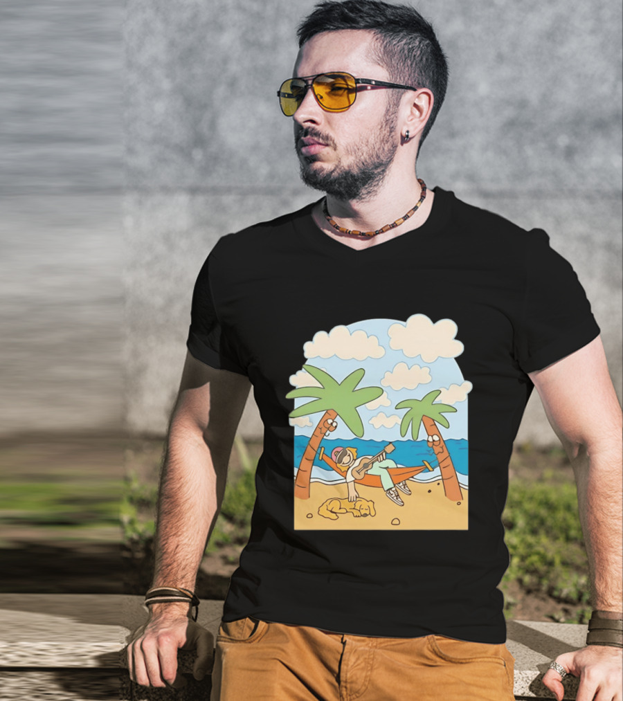 Hammock Guitar Player With Sleeping Dog On Tropical Beach Scene T-Shirt