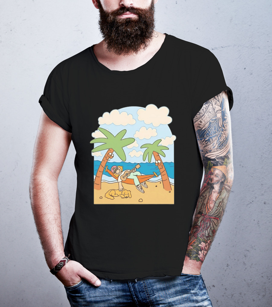 Hammock Guitar Player With Sleeping Dog On Tropical Beach Scene T-Shirt