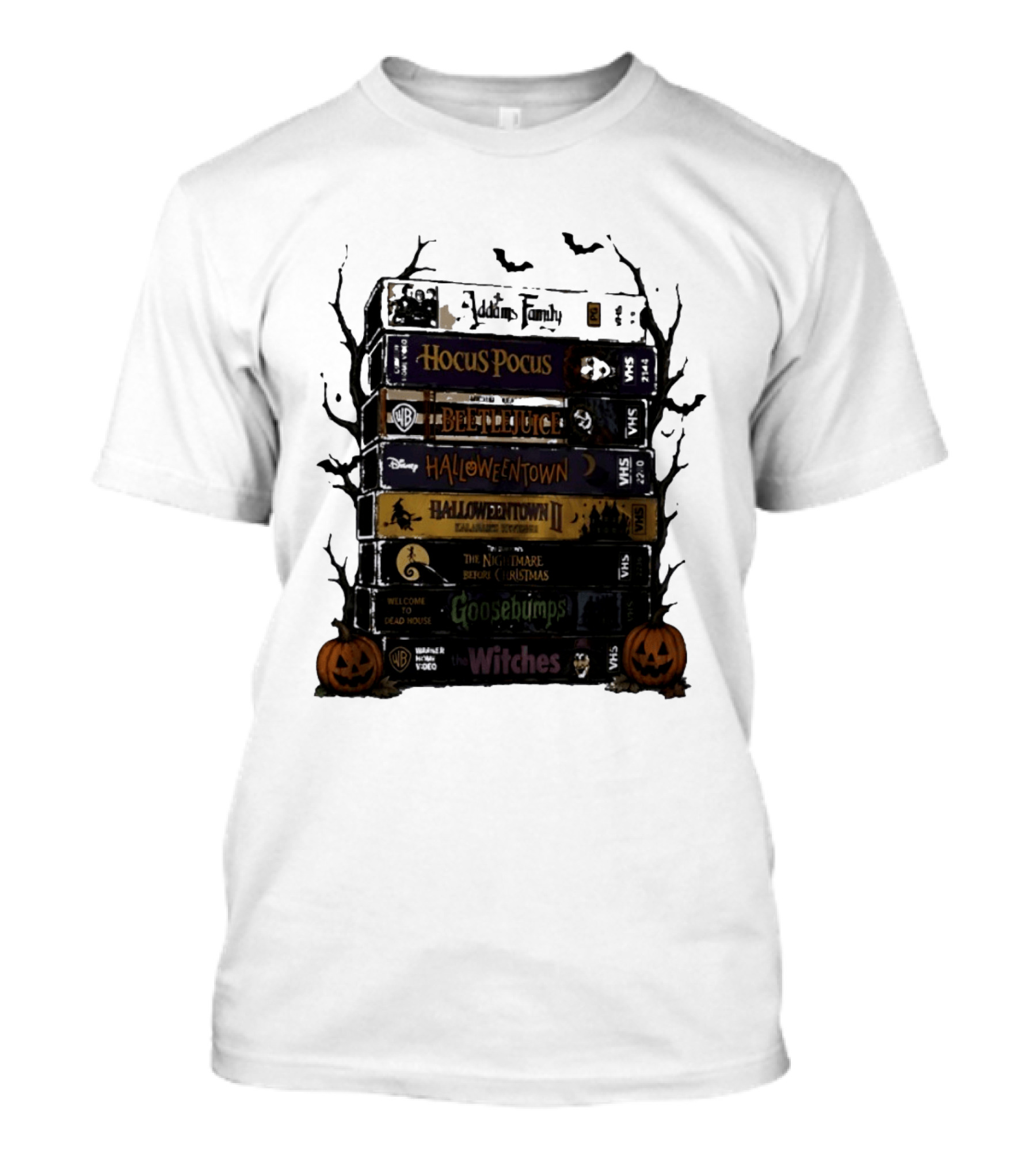 The Addams Family Hocus Pocus Beetlejuice Halloweentown Halloween II The Nightmare Before Christmas Goosebumps The Witches VHS Stack T-Shirt