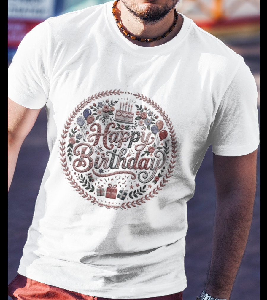 Happy Birthday Cake Balloons Wreath Celebration T-Shirt