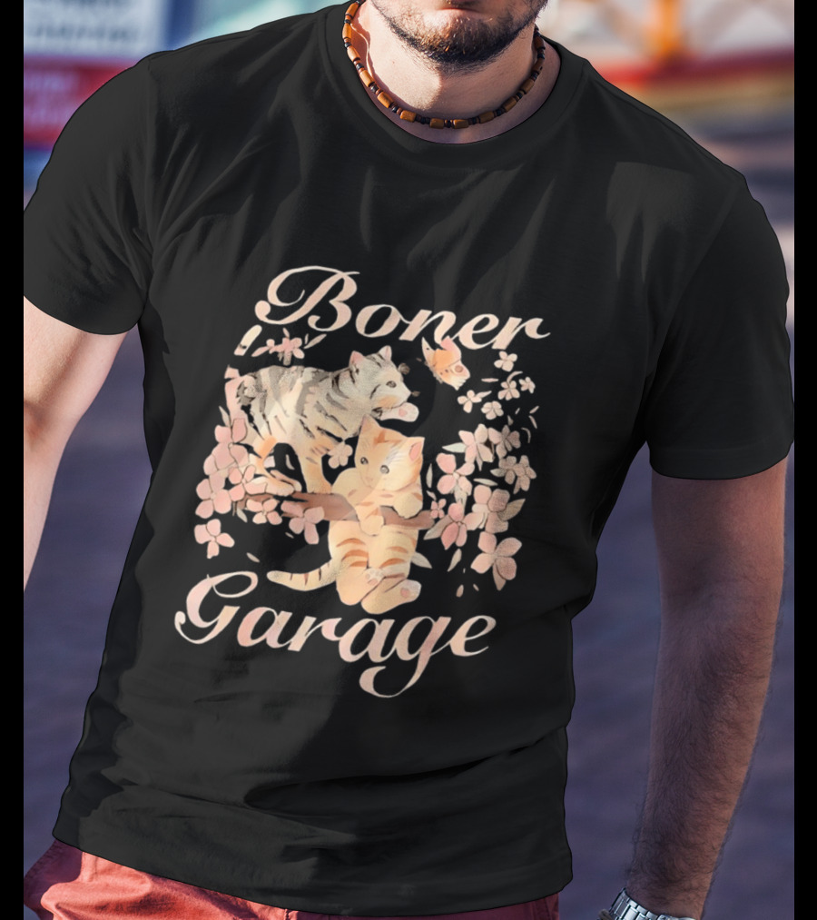Boner Garage Cats Cherry Blossoms And Butterfly T-Shirt