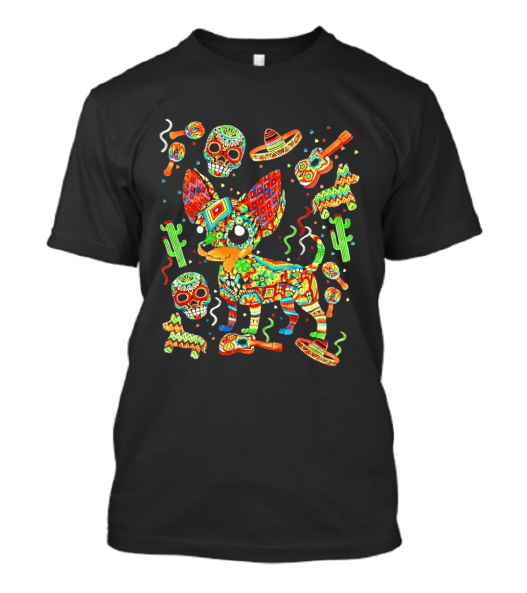 Fiesta Chihuahua Mexican Dia De Los Muertos Colorful Skull Sombrero Cactus Dog T-Shirt