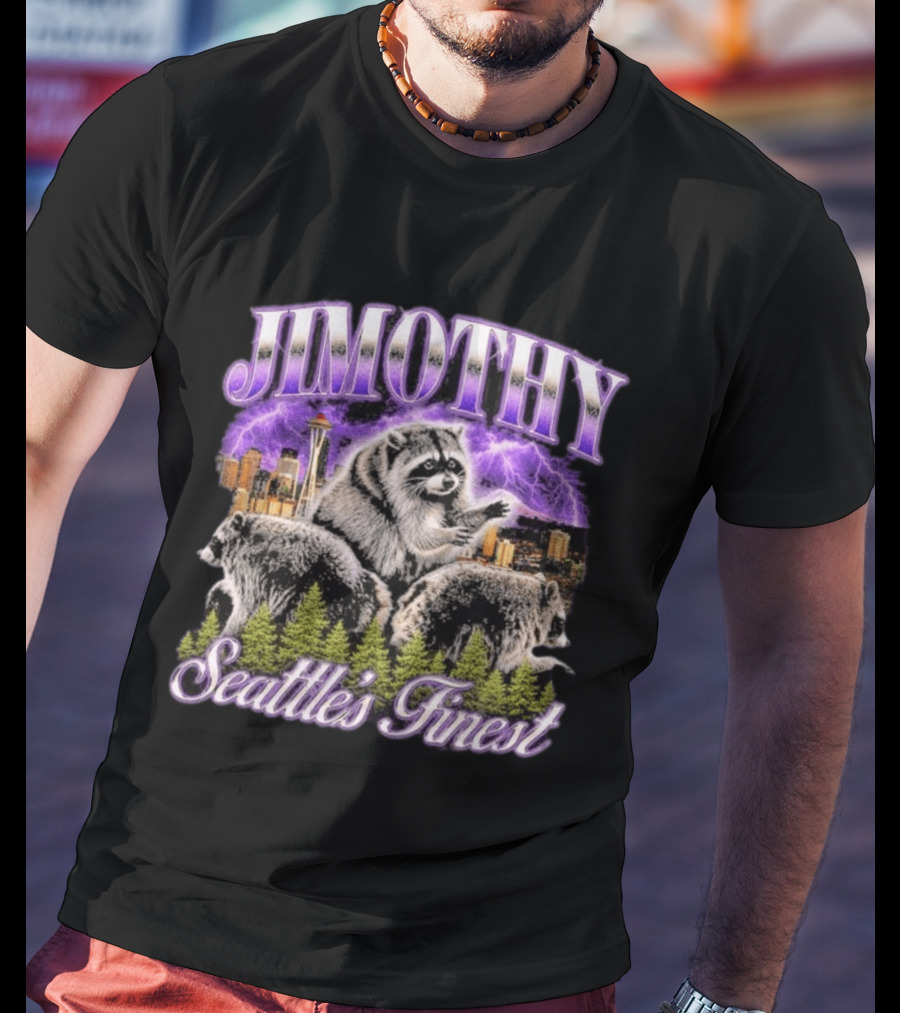 Jimothy Raccoon Seattle's Finest Purple Lightning Skyline And Forest T-Shirt