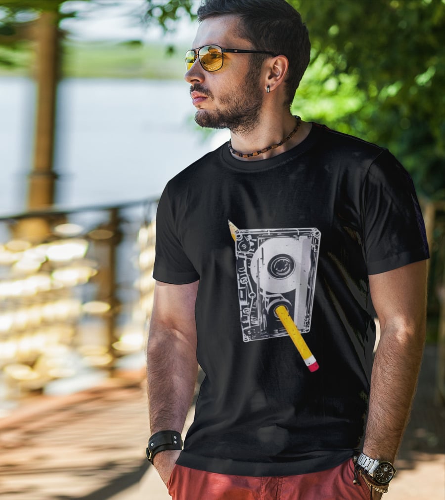 Rewind The Past Cassette Tape Pencil T-Shirt