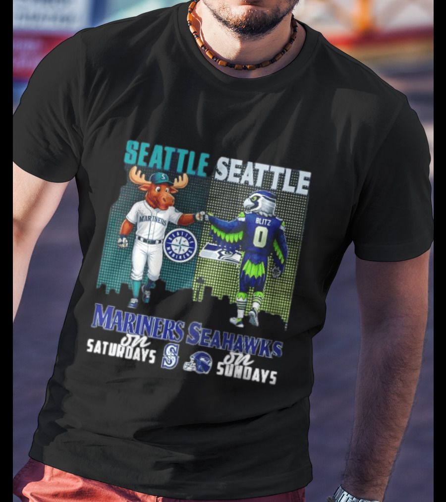 Seattle Mariners Moose And Seahawks Blitz On Saturdays Sundays T-Shirt