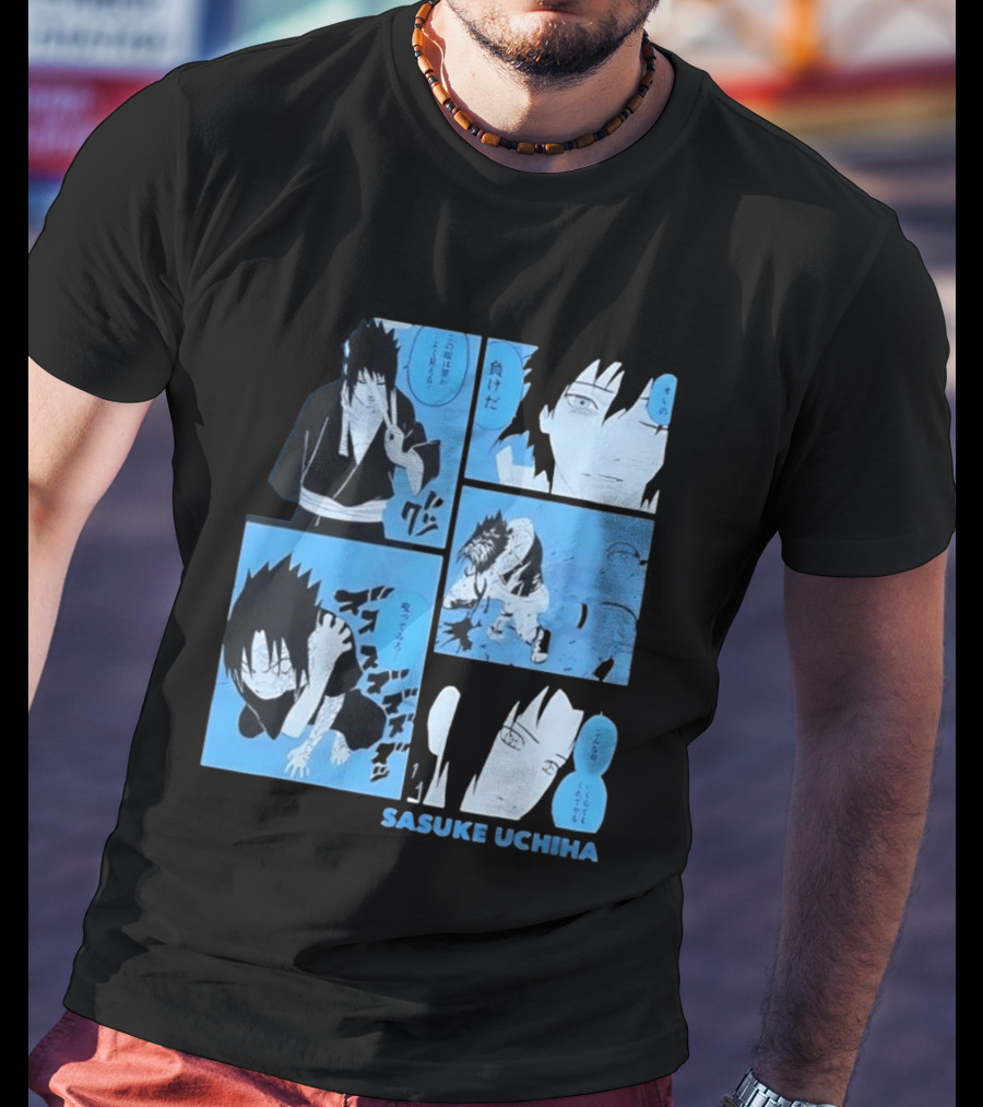 Sasuke Uchiha Cursed Seal Battle Manga Panels Blue Version T-Shirt