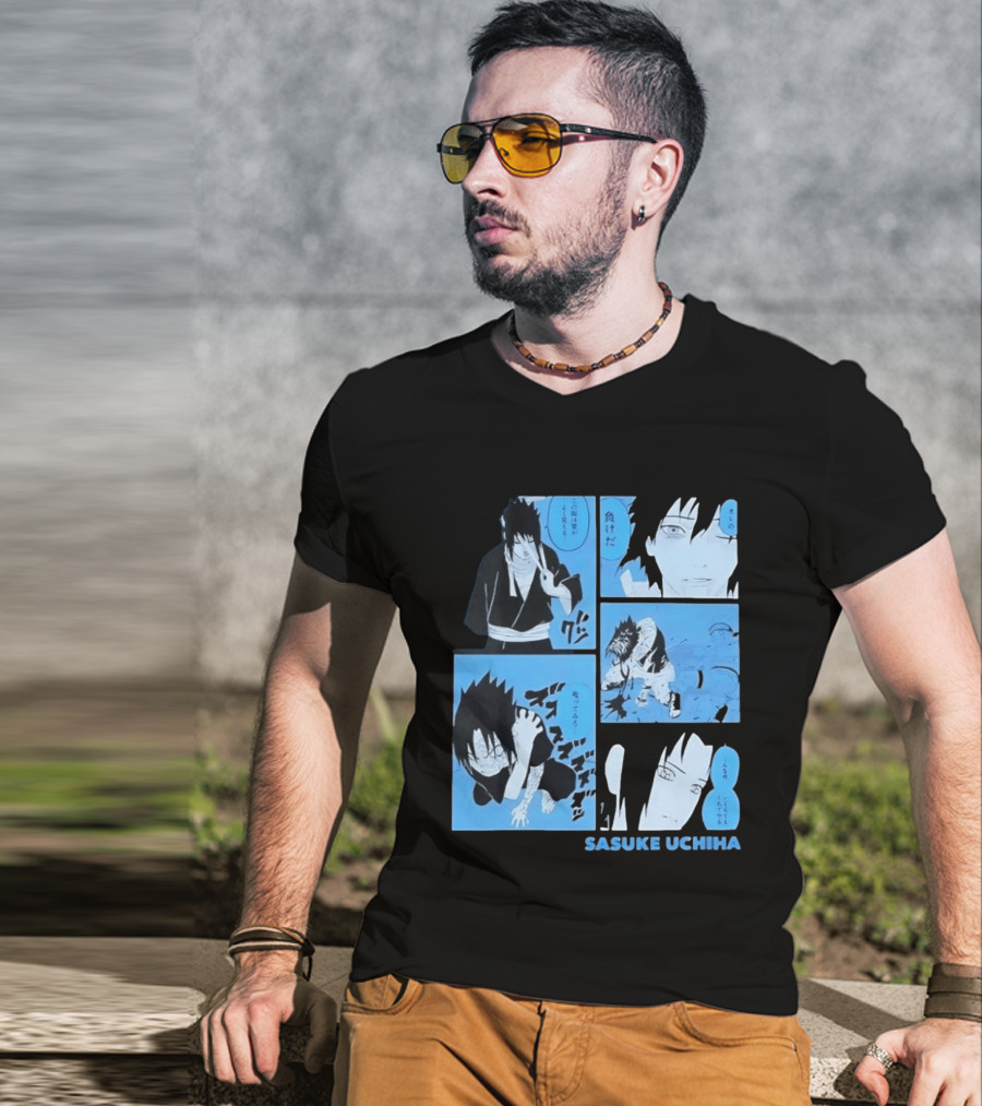 Sasuke Uchiha Cursed Seal Battle Manga Panels Blue Version T-Shirt