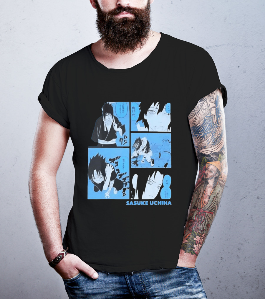 Sasuke Uchiha Cursed Seal Battle Manga Panels Blue Version T-Shirt