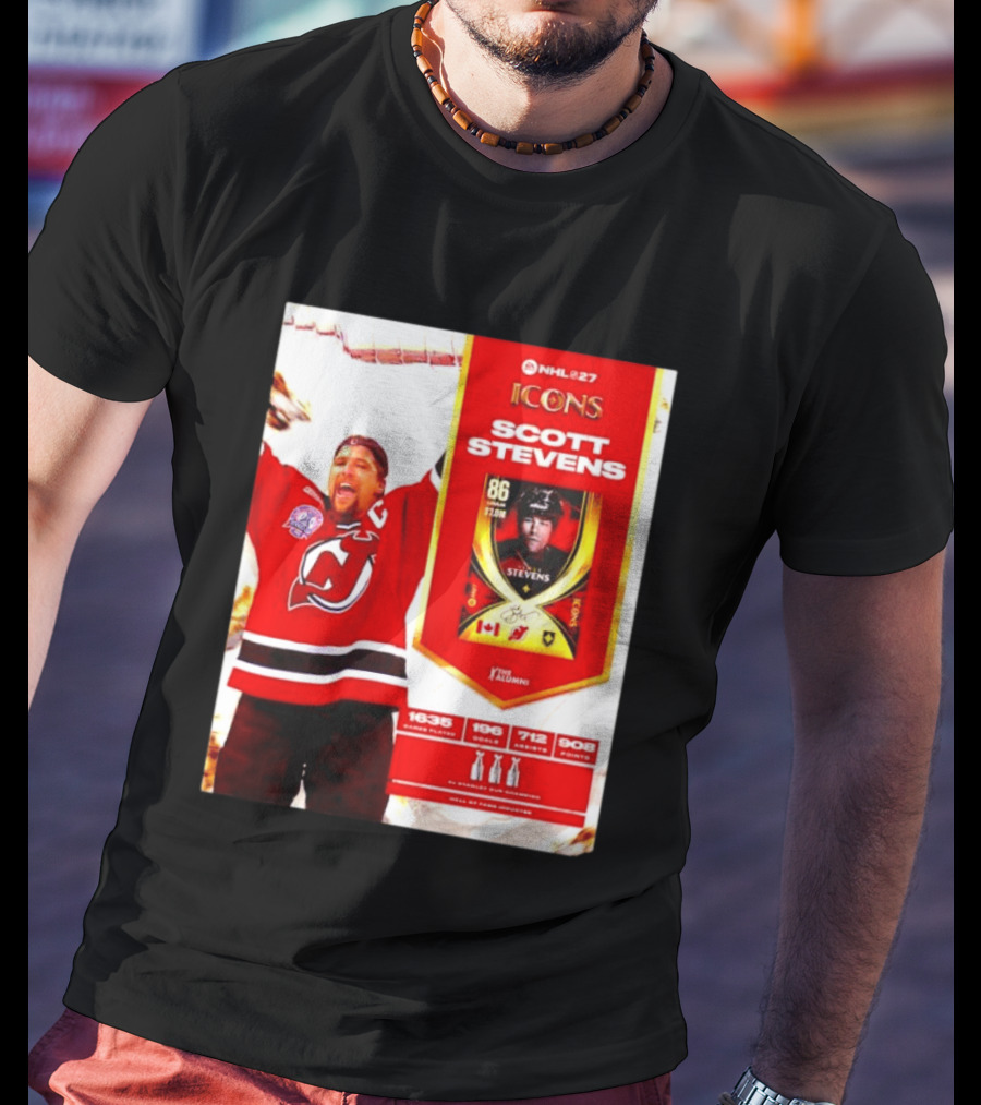 NHL 27 Icons Scott Stevens New Jersey Devils Hall Of Fame Legend T-Shirt
