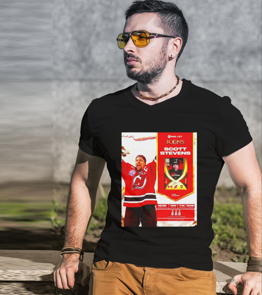 NHL 27 Icons Scott Stevens New Jersey Devils Hall Of Fame Legend T-Shirt