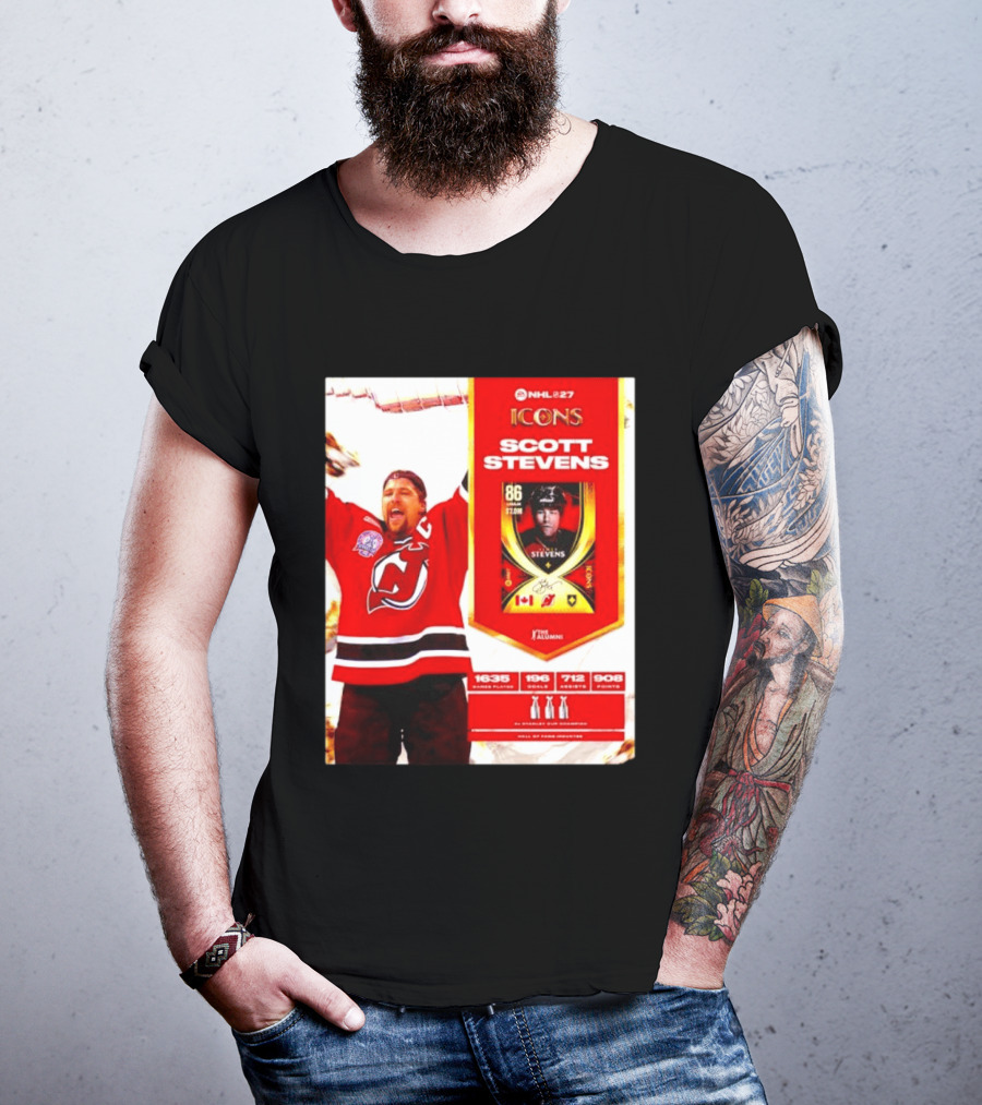 NHL 27 Icons Scott Stevens New Jersey Devils Hall Of Fame Legend T-Shirt