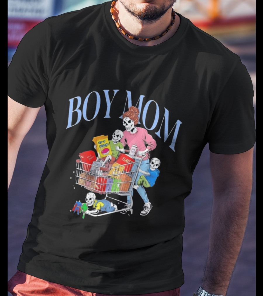 Boy Mom Skeleton With Kids Pushing Shopping Cart Eating Cereal T-Shirt