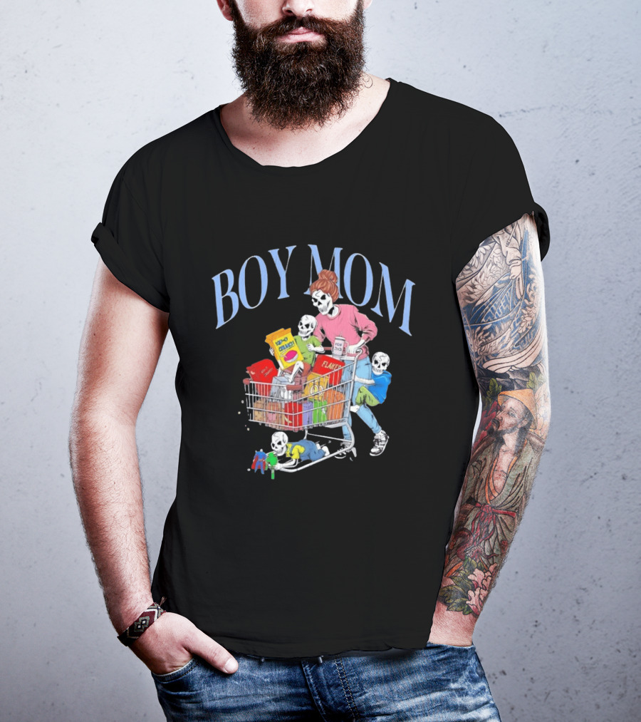 Boy Mom Skeleton With Kids Pushing Shopping Cart Eating Cereal T-Shirt