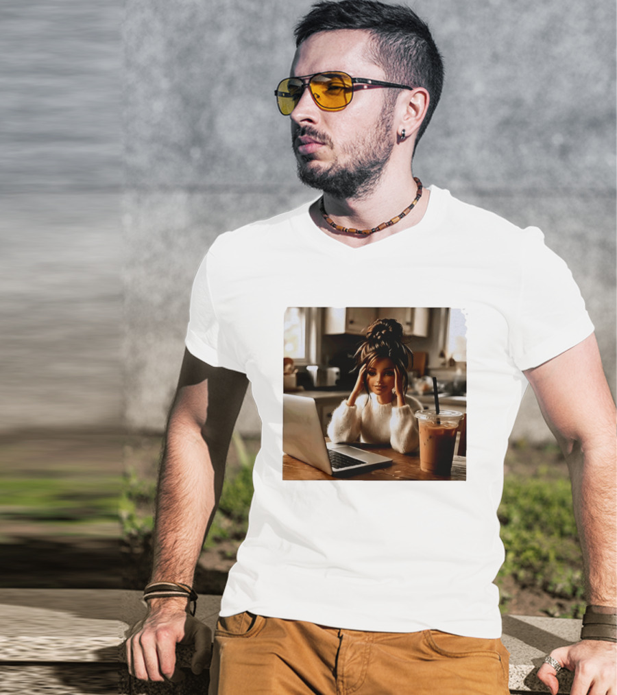 Crashing Out Barbie Girl With Coffee And Laptop Vibes T-Shirt