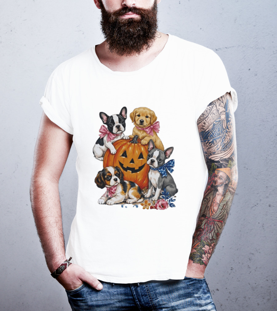 Puppies With Pink And Blue Bows Jack O' Lantern Pumpkin Halloween T-Shirt