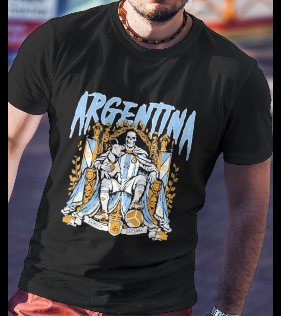 Argentina Lionel Messi La Pulga La Cabra Goat Skeleton Throne AFA Soccer T-Shirt