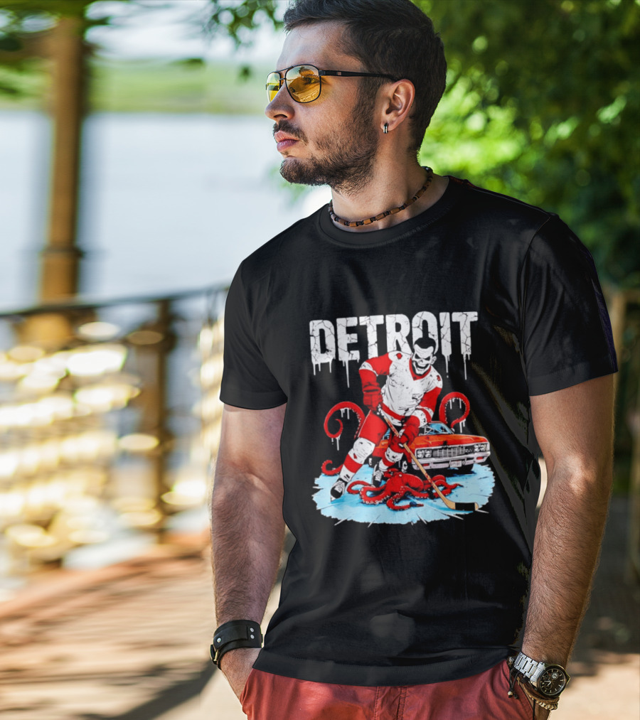Detroit Hockey Skeleton Octopus Muscle Car T-Shirt