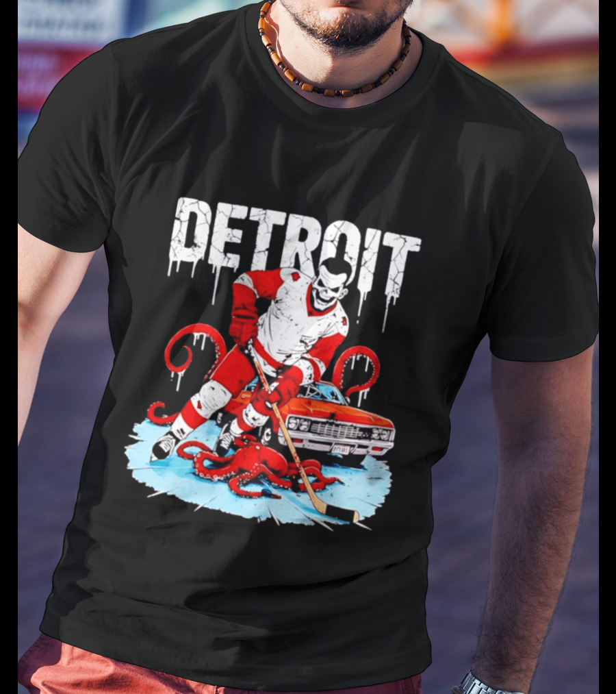 Detroit Hockey Skeleton Octopus Muscle Car T-Shirt