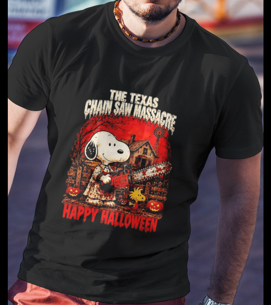 Snoopy Woodstock The Texas Chain Saw Massacre Happy Halloween Scene T-Shirt