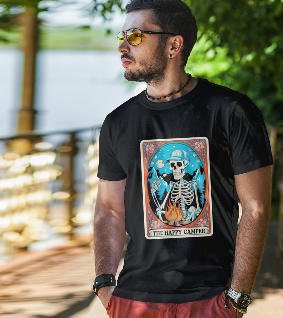 The Happy Camper Skeleton 33 Marshmallow Campfire Scene T-Shirt