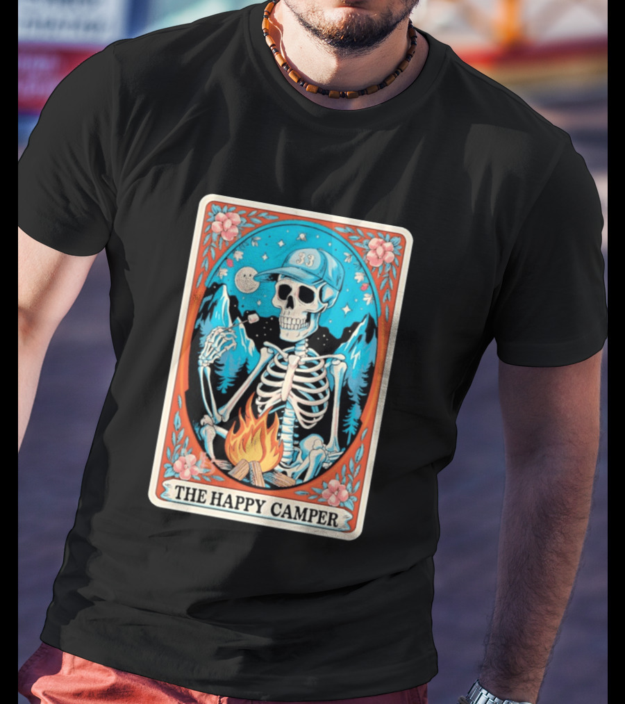 The Happy Camper Skeleton 33 Marshmallow Campfire Scene T-Shirt