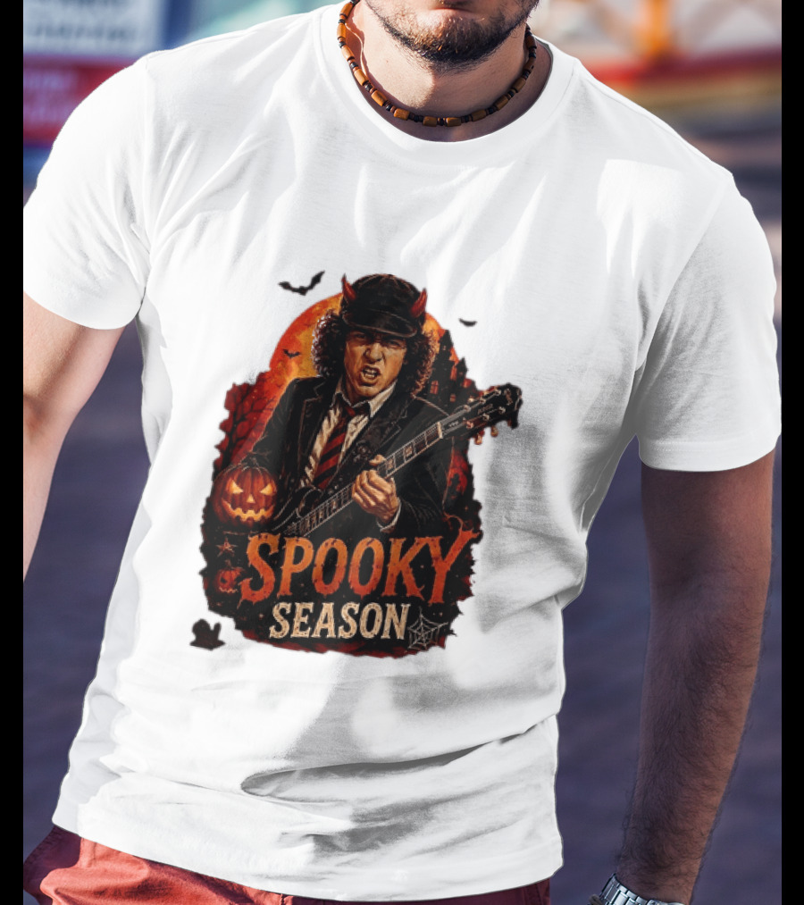 Spooky Season Angus Young Halloween AC DC Inspired Pumpkin Guitar T-Shirt