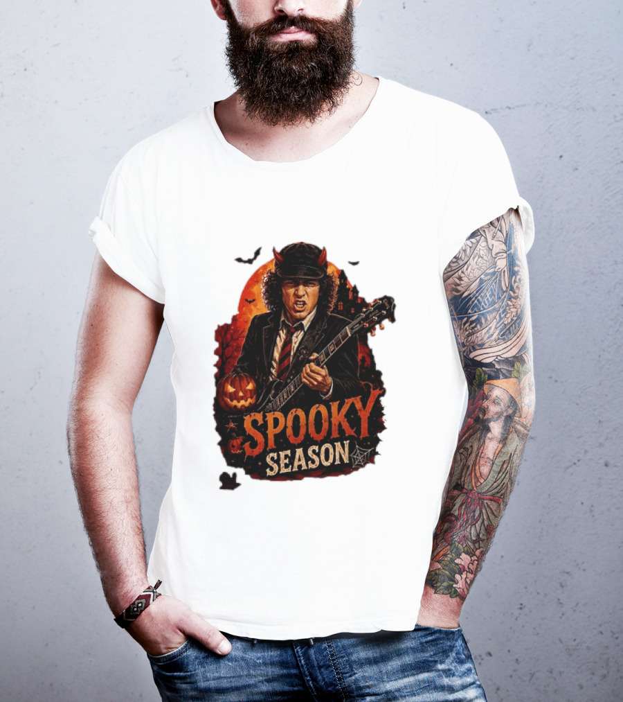 Spooky Season Angus Young Halloween AC DC Inspired Pumpkin Guitar T-Shirt