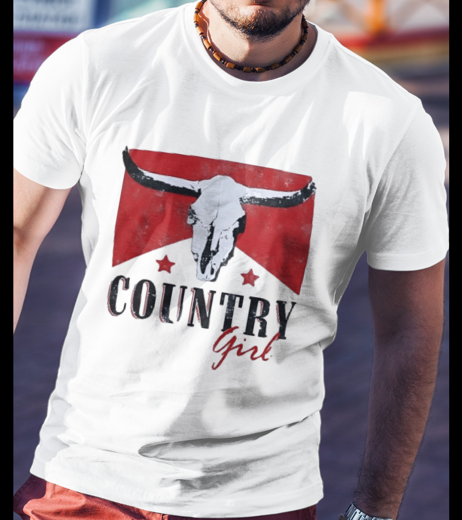 Country Girl Western Bull Skull Red Star Banner T-Shirt
