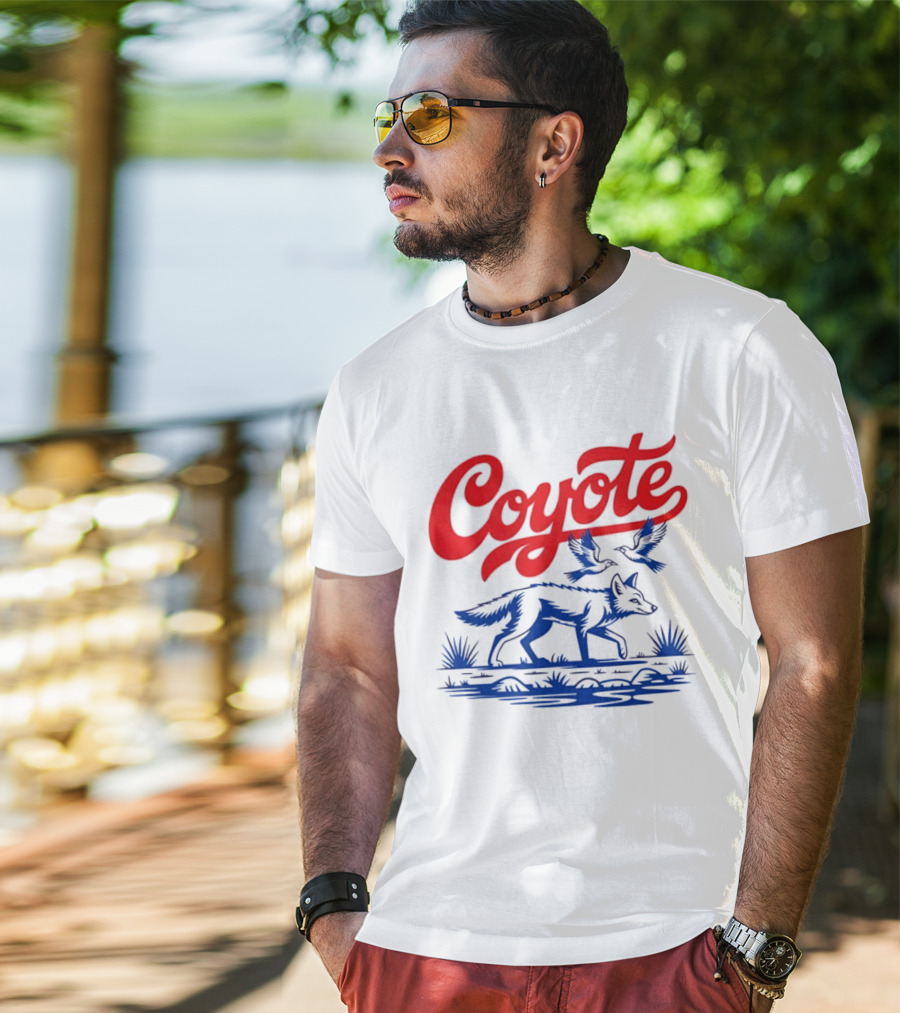 Coyote With Birds In Desert Scene Wild Western Desert T-Shirt