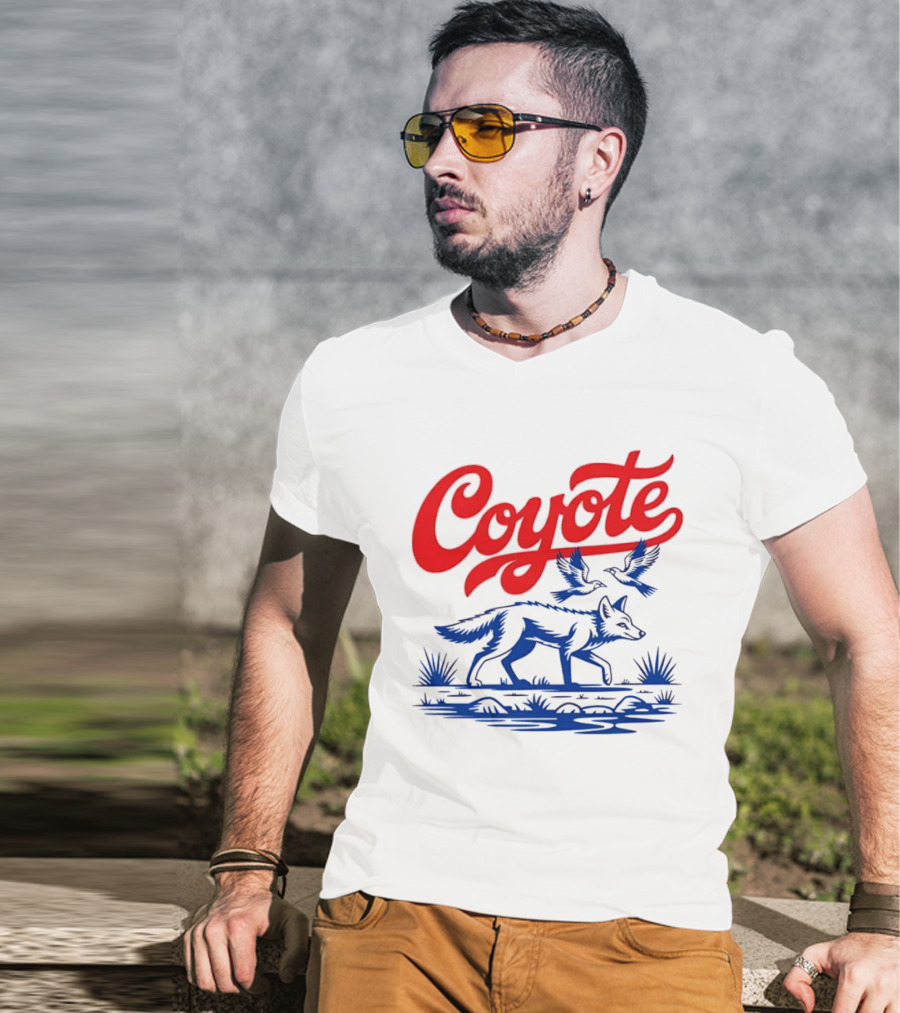 Coyote With Birds In Desert Scene Wild Western Desert T-Shirt