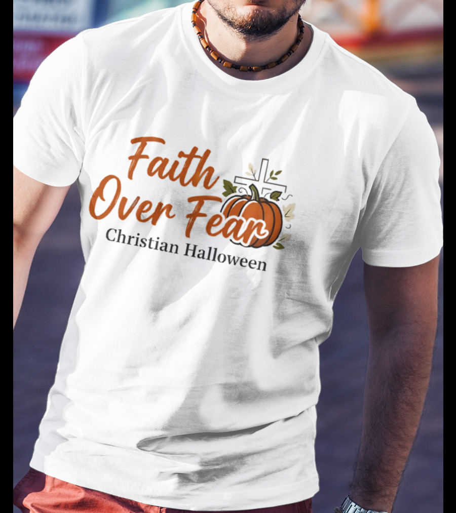 Faith Over Fear Christian Halloween Pumpkin Cross T-Shirt