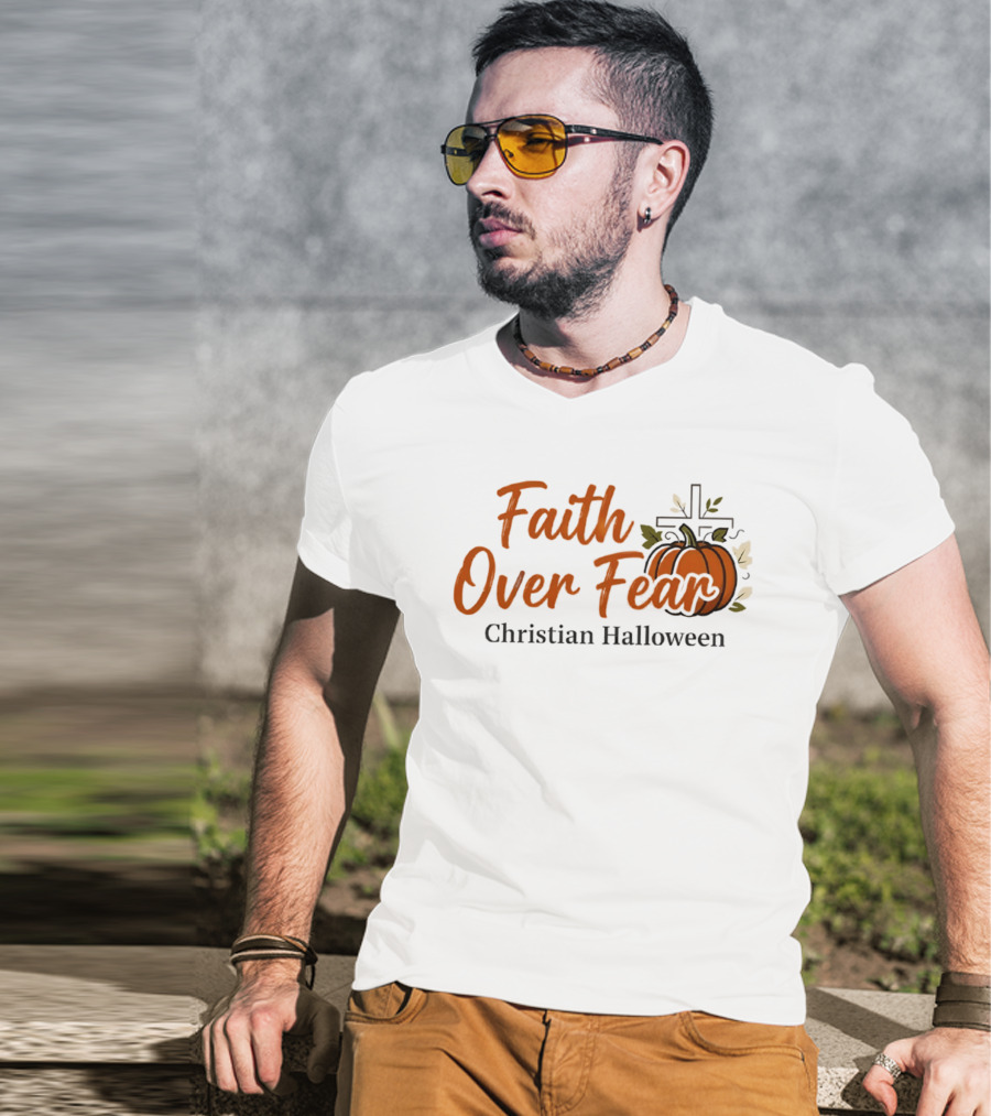 Faith Over Fear Christian Halloween Pumpkin Cross T-Shirt