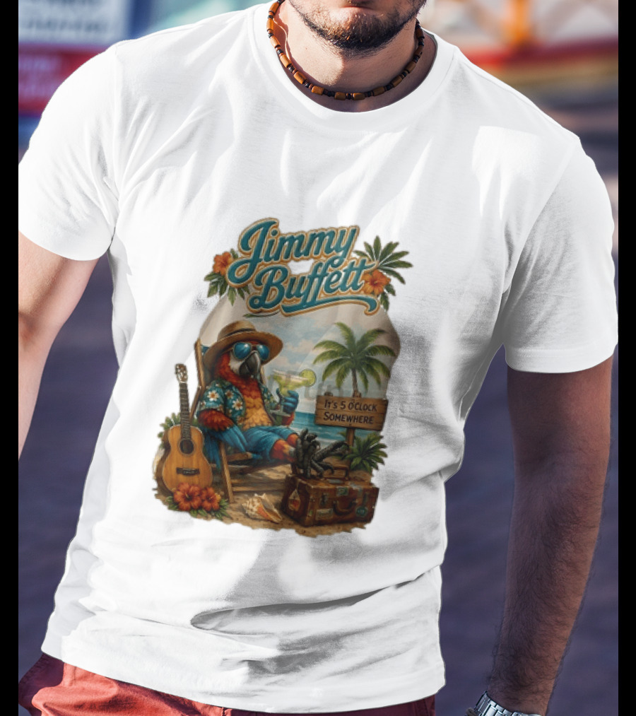 Jimmy Buffett It's 5 O' Somewhere Tropical Parrot Beach Guitar Cocktails Palm Trees T-Shirt