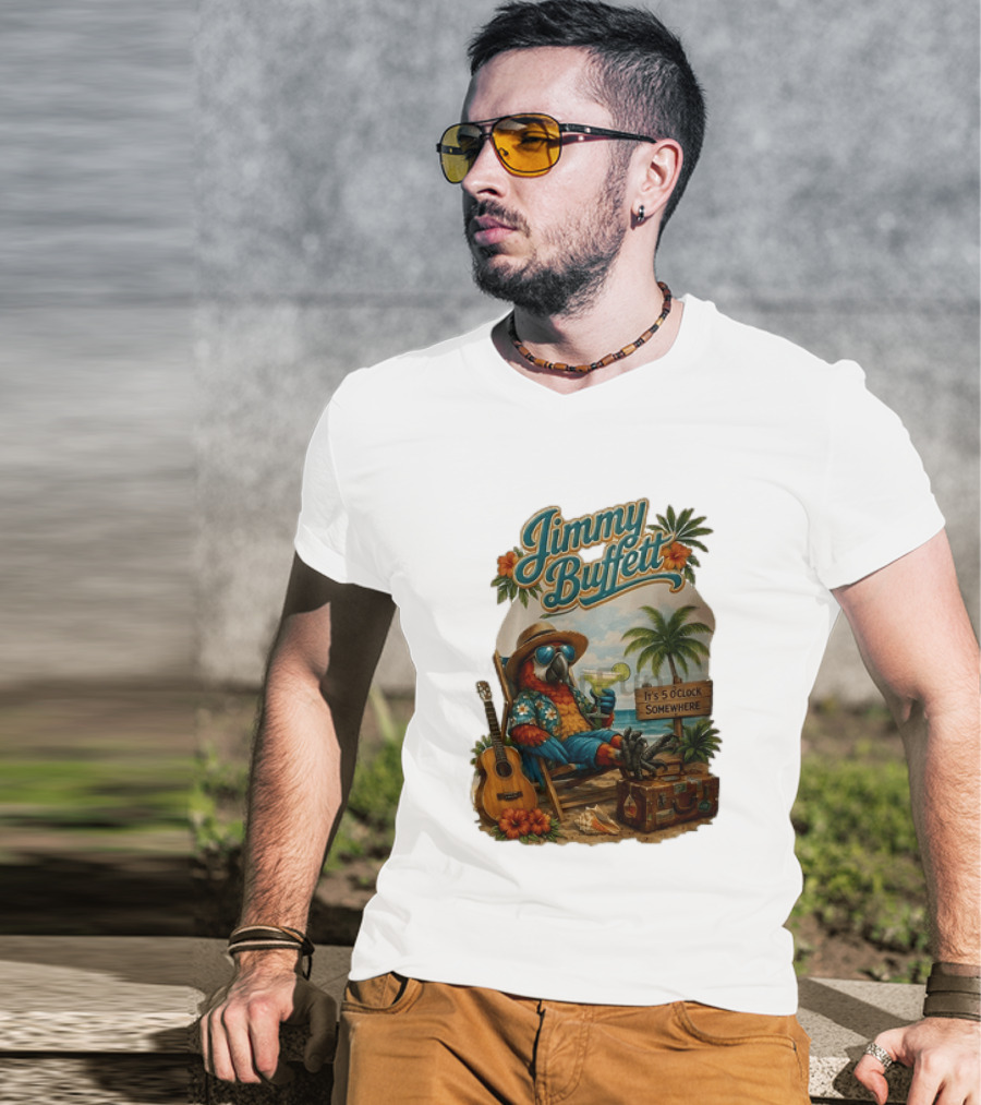 Jimmy Buffett It's 5 O' Somewhere Tropical Parrot Beach Guitar Cocktails Palm Trees T-Shirt