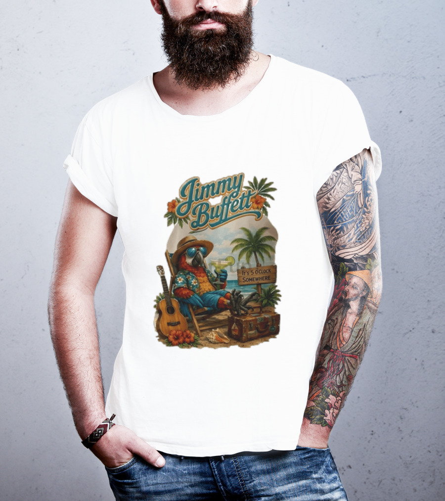 Jimmy Buffett It's 5 O' Somewhere Tropical Parrot Beach Guitar Cocktails Palm Trees T-Shirt