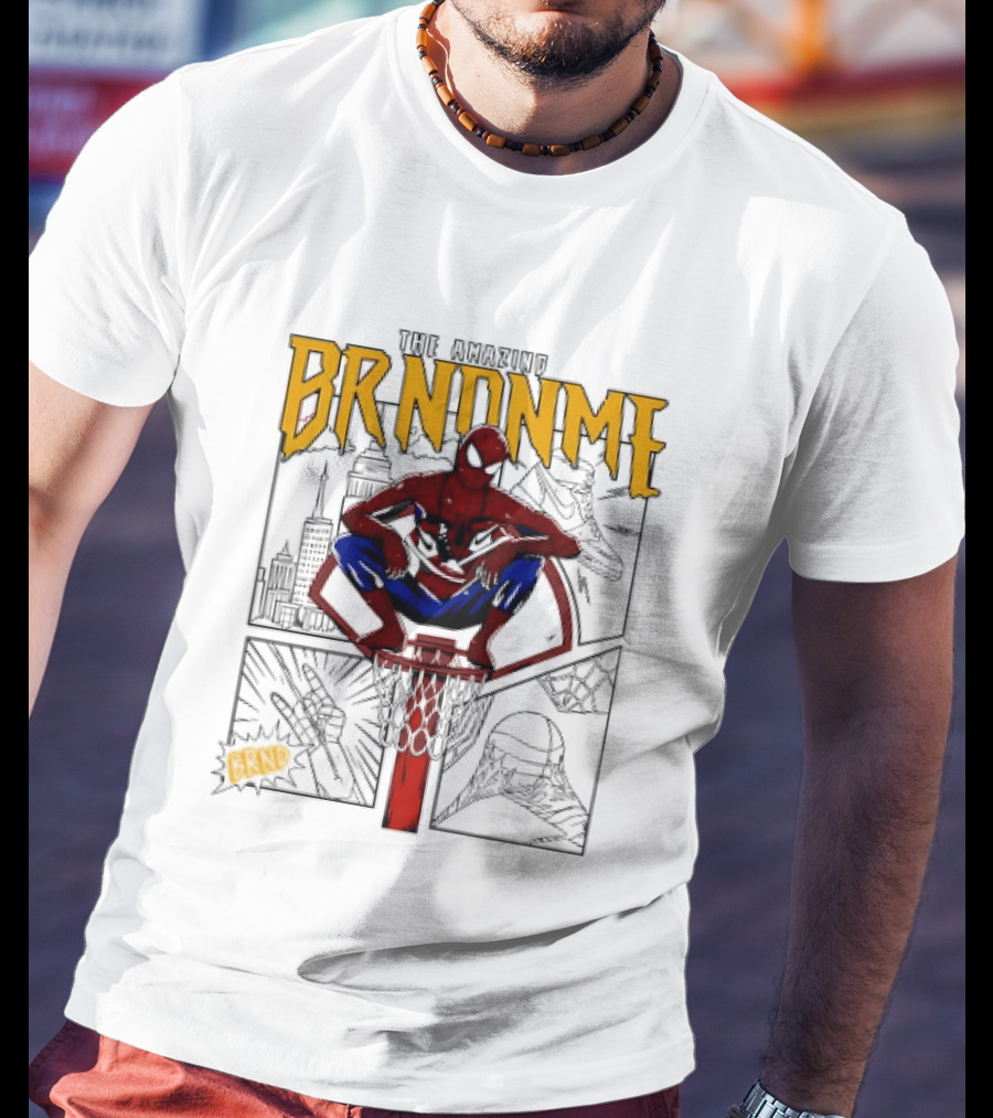 The Amazing Brndnme Spider Man Squatting On Basketball Hoop Cityscape Comic Panels T-Shirt