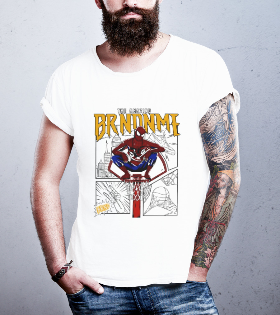 The Amazing Brndnme Spider Man Squatting On Basketball Hoop Cityscape Comic Panels T-Shirt