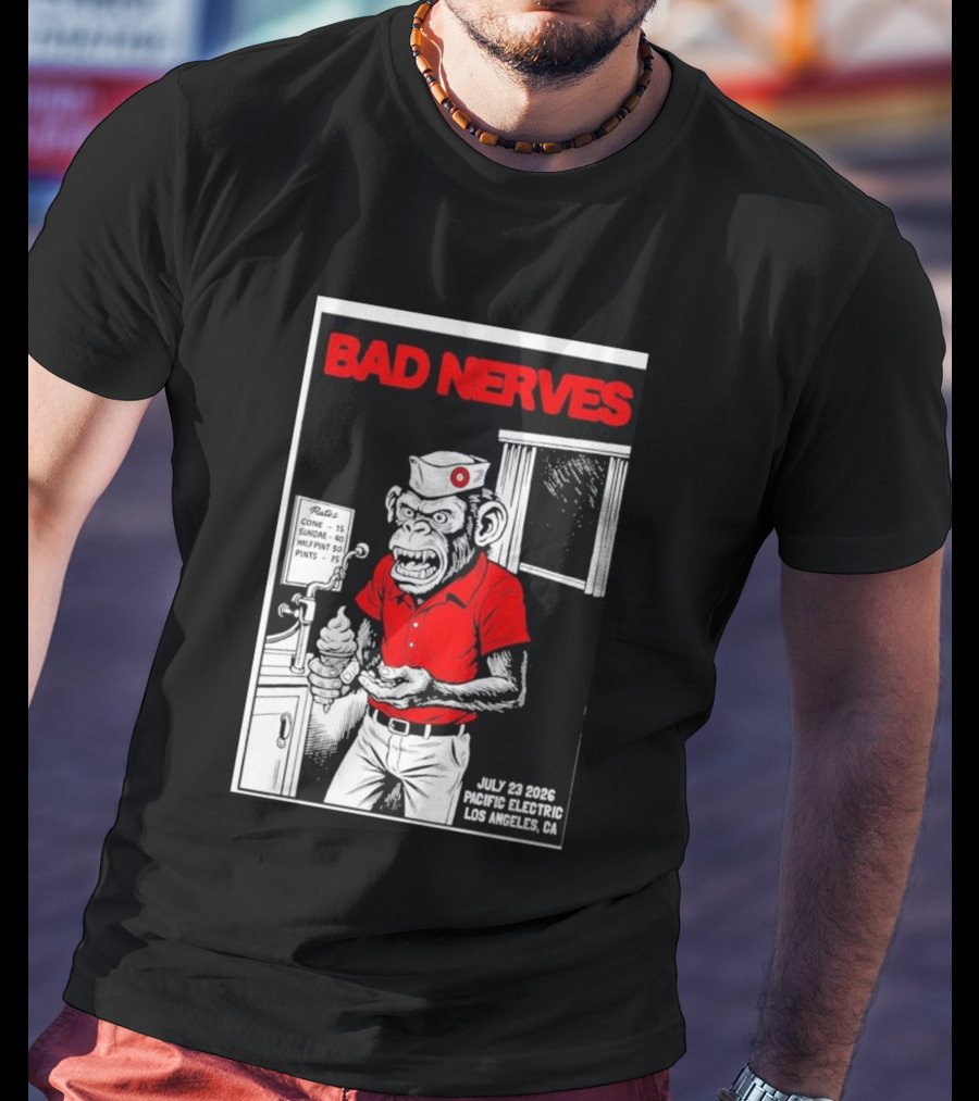 Bad Nerves July 23 2026 Pacific Electric Los Angeles Monkey Ice Cream Server Comic T-Shirt