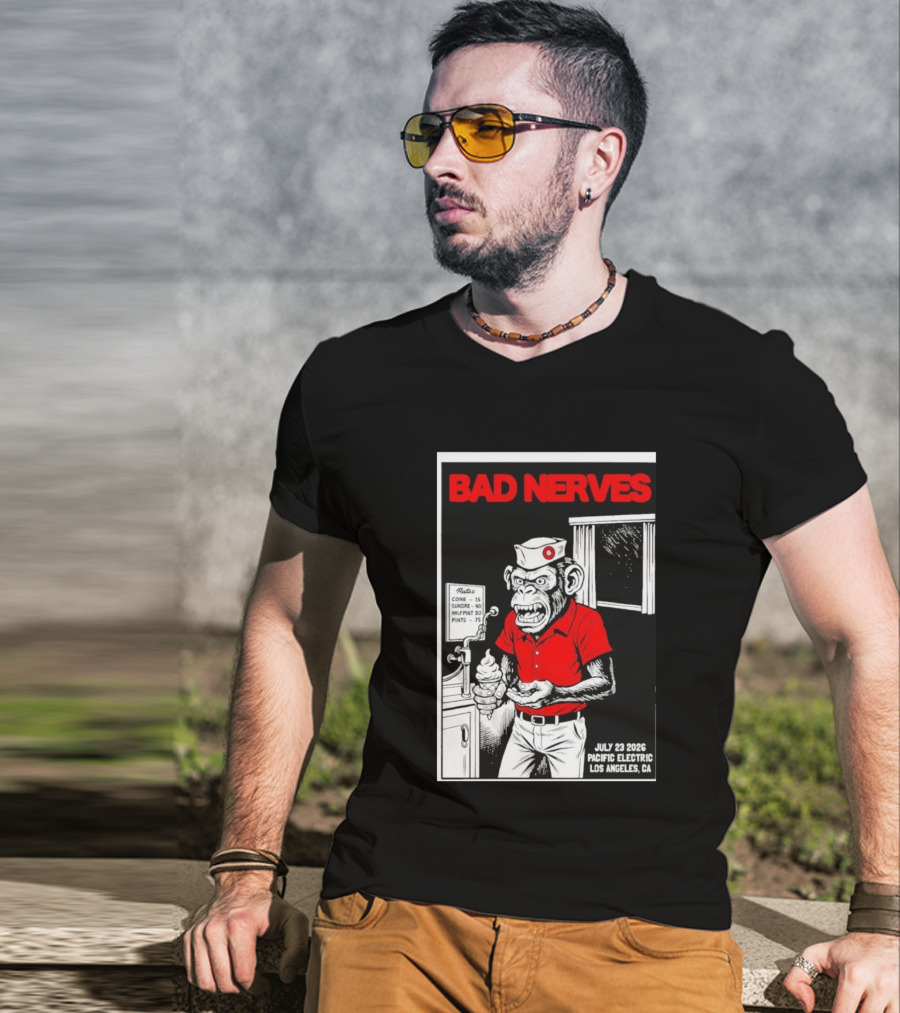 Bad Nerves July 23 2026 Pacific Electric Los Angeles Monkey Ice Cream Server Comic T-Shirt