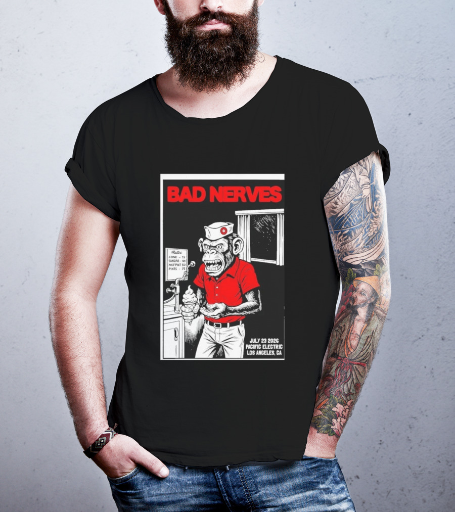 Bad Nerves July 23 2026 Pacific Electric Los Angeles Monkey Ice Cream Server Comic T-Shirt